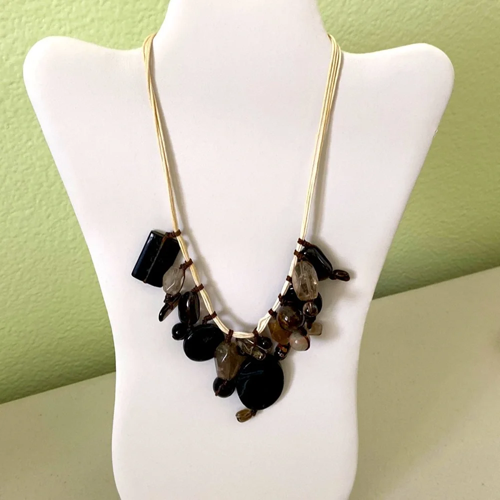 Polished Stone and Millefiori Flower Glass bead necklace rustic